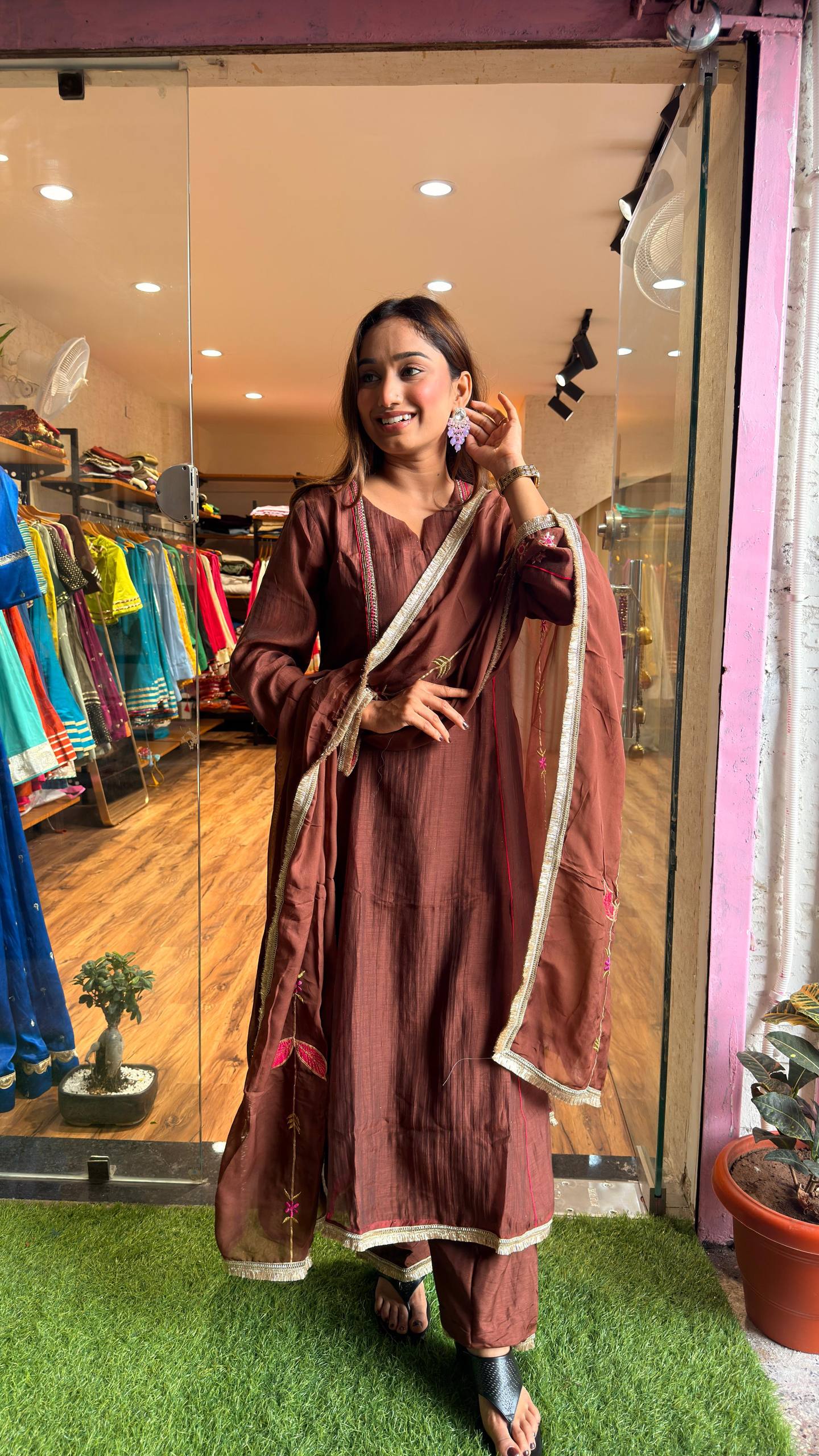 Cocoa Brown Embroidered Kurta Set with Dupatta