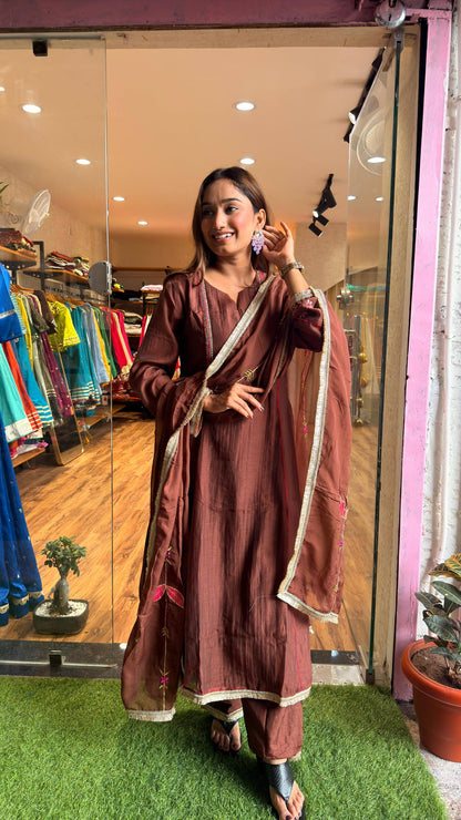 Cocoa Brown Embroidered Kurta Set with Dupatta