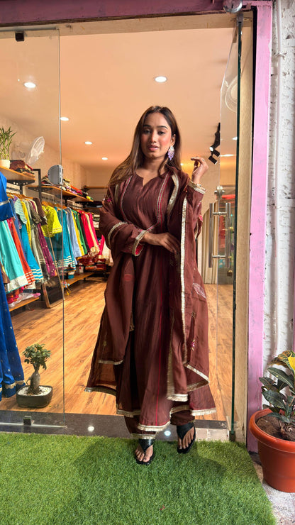 Cocoa Brown Embroidered Kurta Set with Dupatta