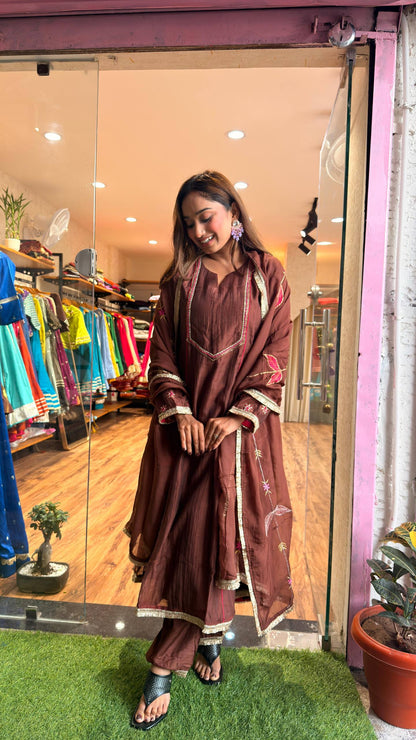 Cocoa Brown Embroidered Kurta Set with Dupatta