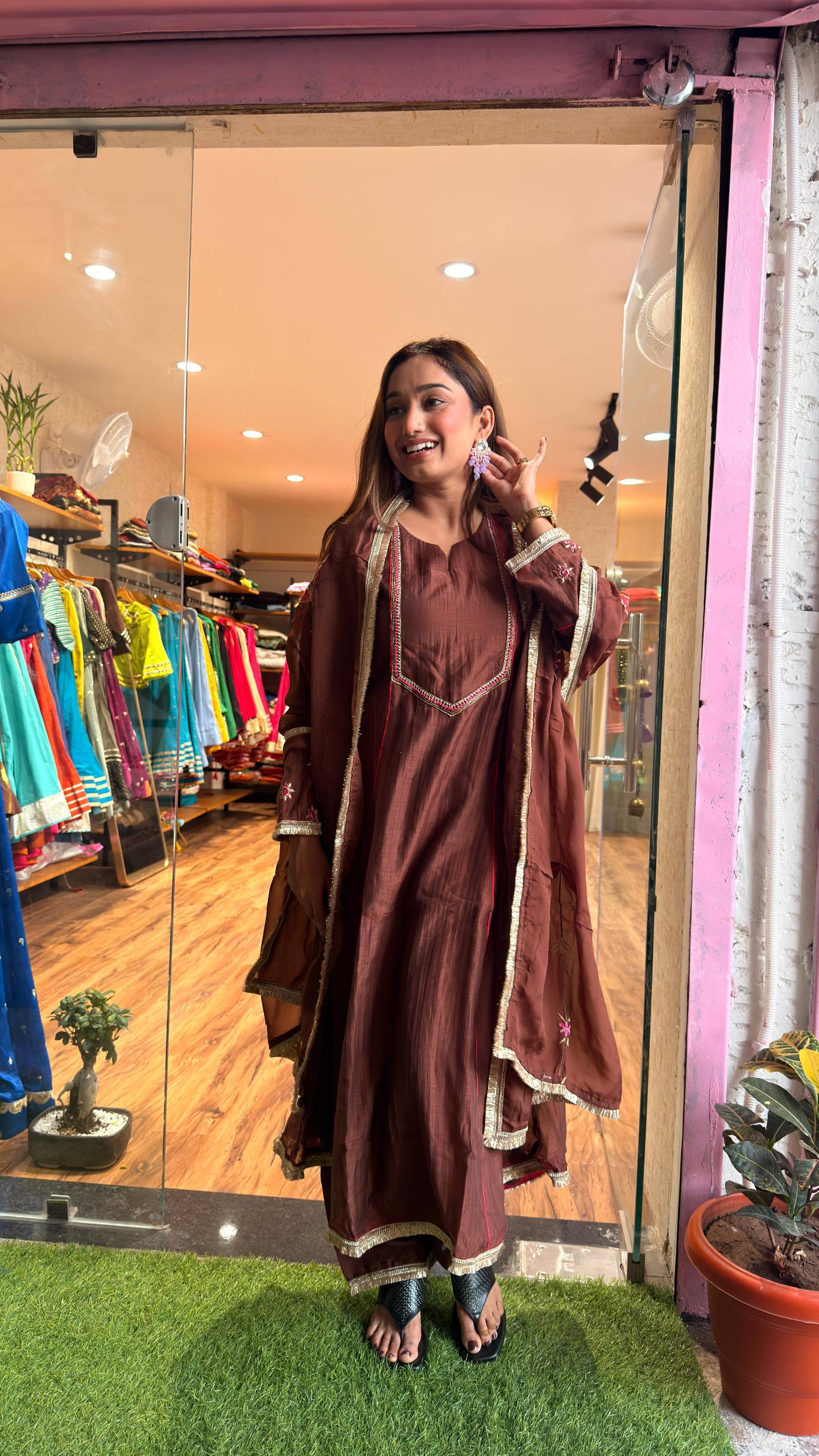 Cocoa Brown Embroidered Kurta Set with Dupatta