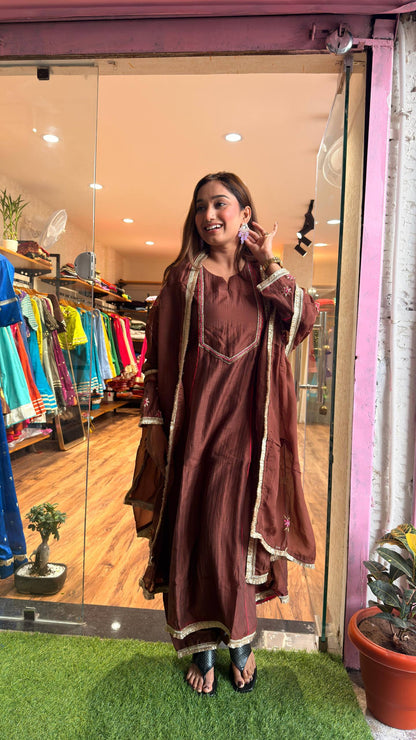 Cocoa Brown Embroidered Kurta Set with Dupatta
