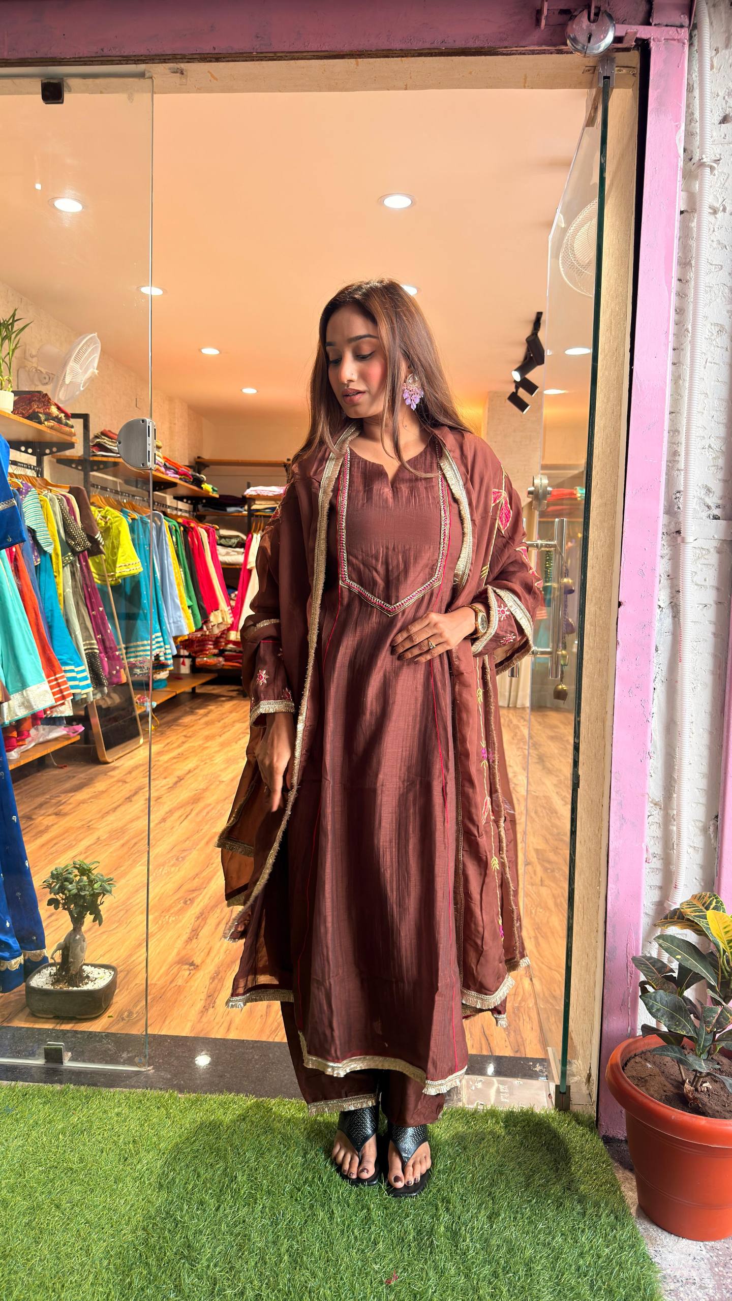 Cocoa Brown Embroidered Kurta Set with Dupatta
