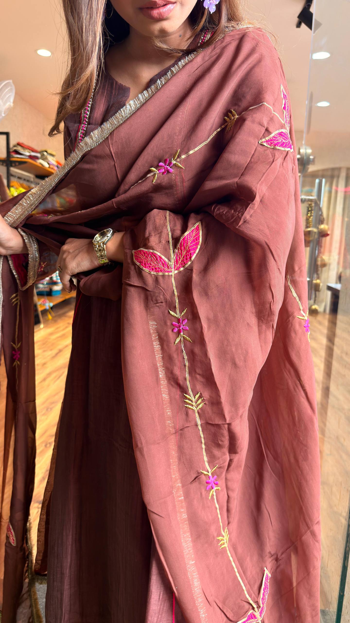 Cocoa Brown Embroidered Kurta Set with Dupatta