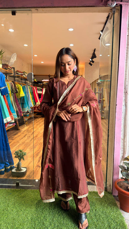 Cocoa Brown Embroidered Kurta Set with Dupatta