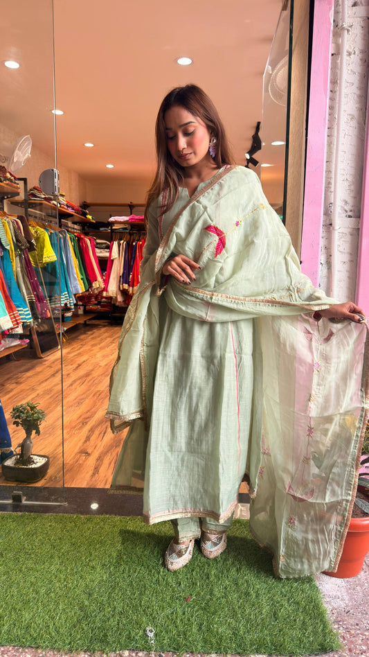 Mint Pista petal motif Embroidered Kurta Set with Dupatta