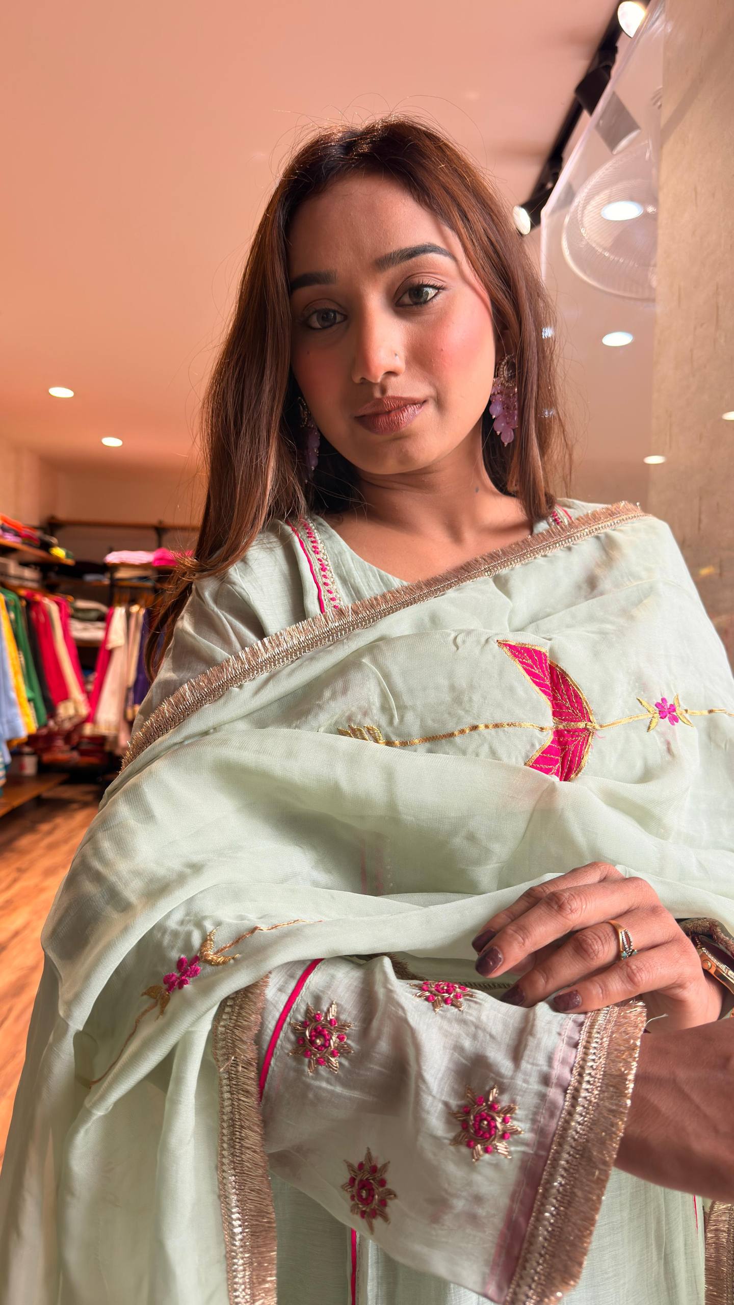 Mint Pista petal motif Embroidered Kurta Set with Dupatta