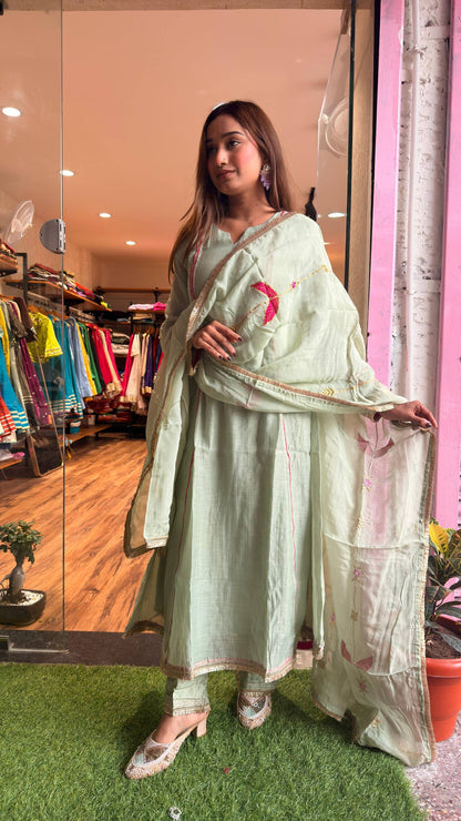 Mint Pista petal motif Embroidered Kurta Set with Dupatta