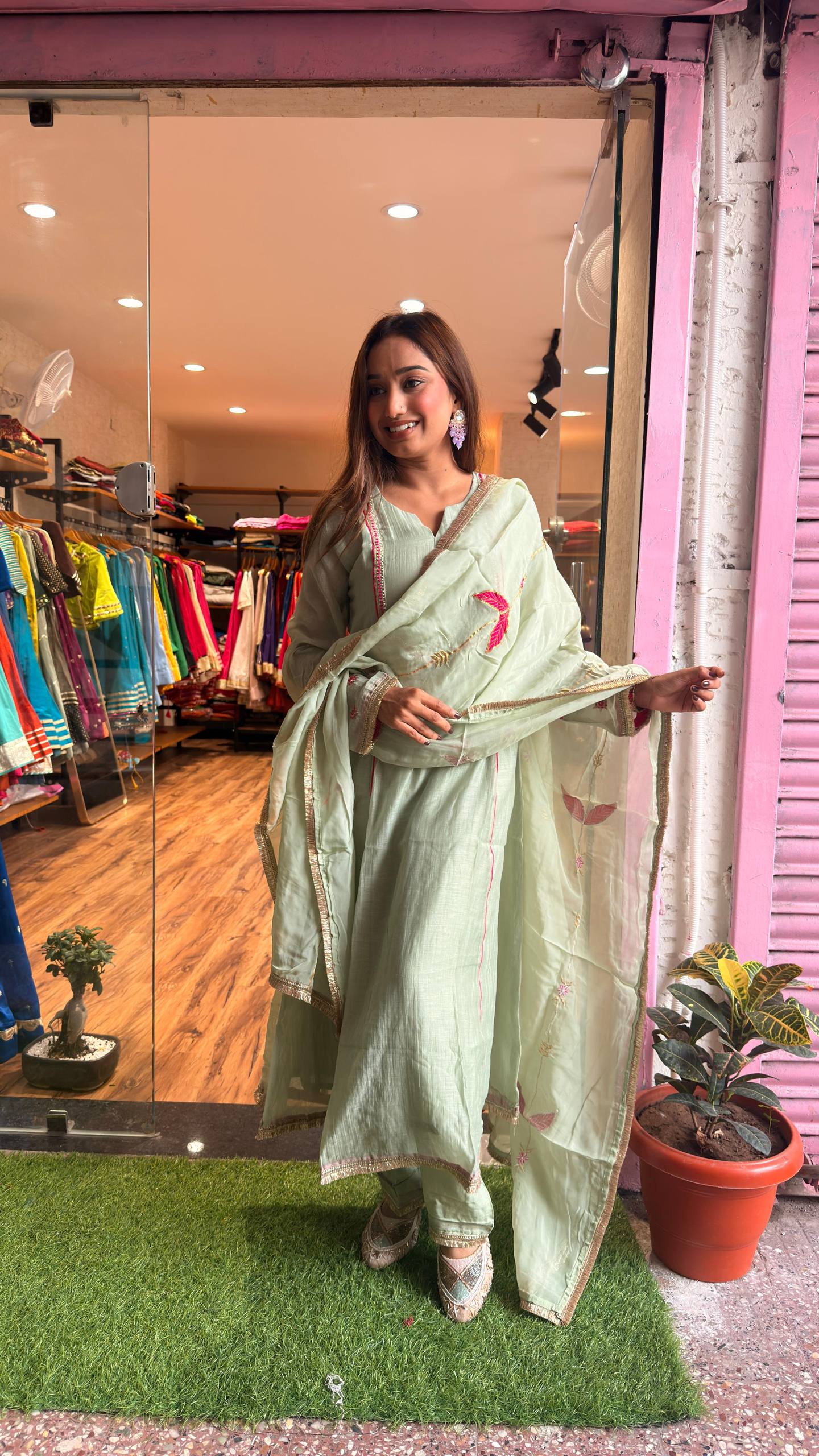 Mint Pista petal motif Embroidered Kurta Set with Dupatta