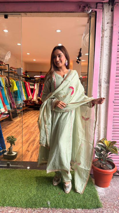 Mint Pista petal motif Embroidered Kurta Set with Dupatta