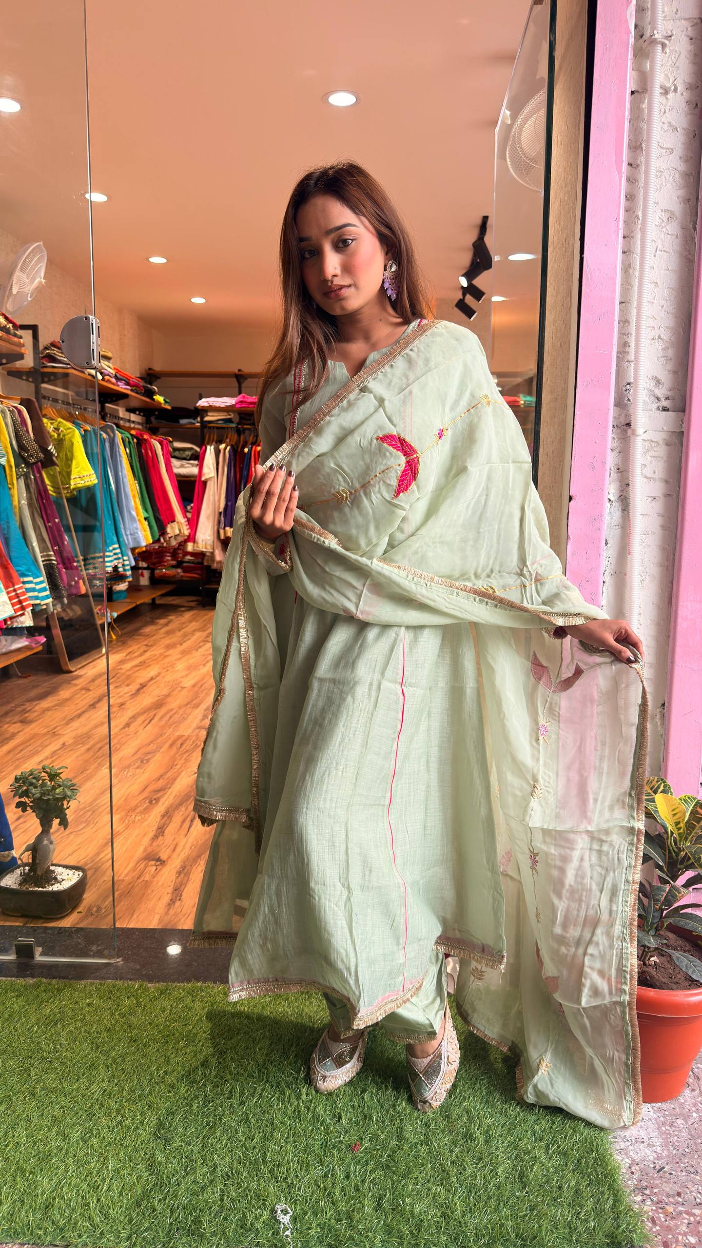 Mint Pista petal motif Embroidered Kurta Set with Dupatta
