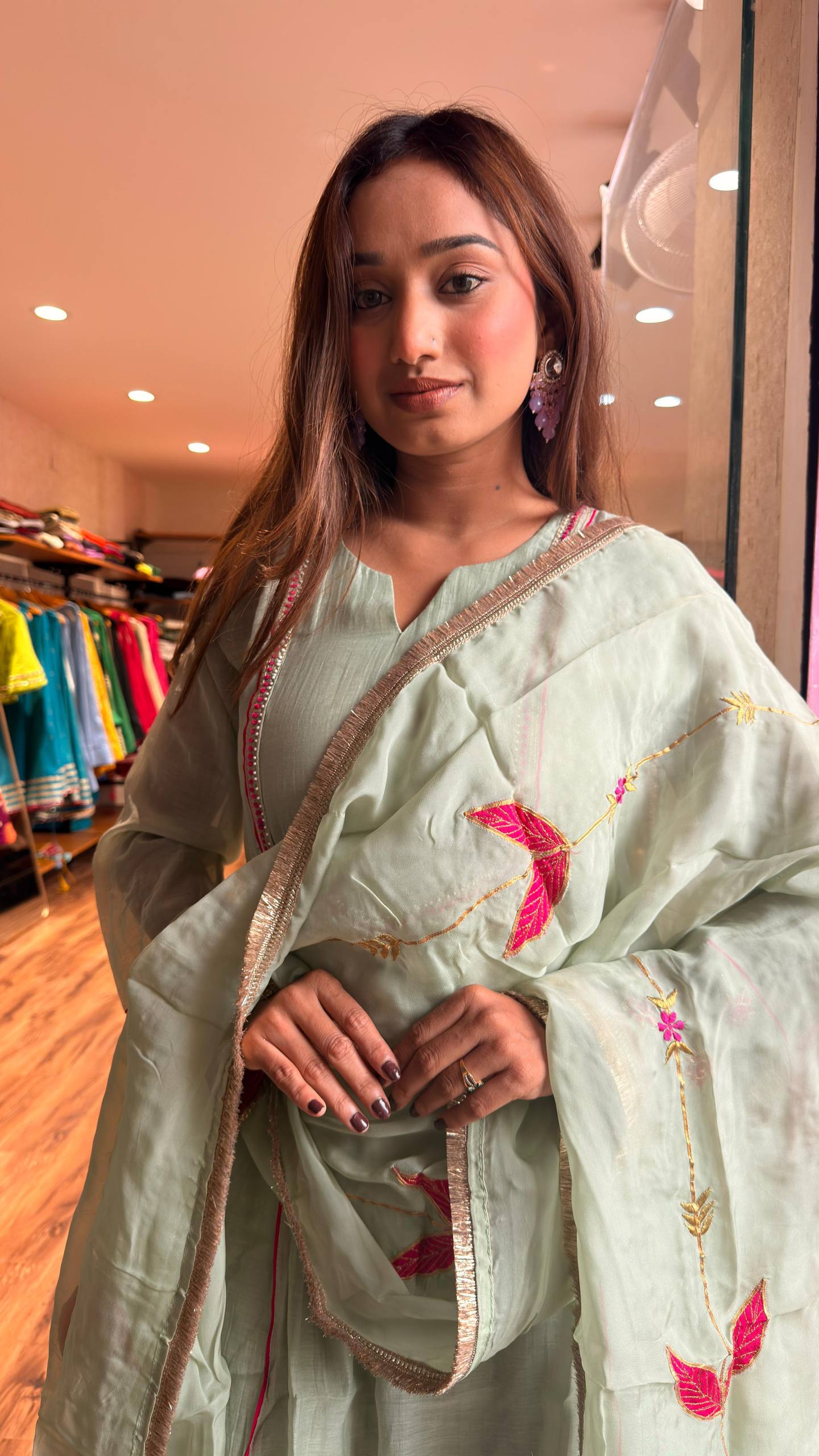 Mint Pista petal motif Embroidered Kurta Set with Dupatta