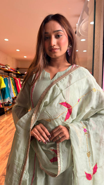Mint Pista petal motif Embroidered Kurta Set with Dupatta