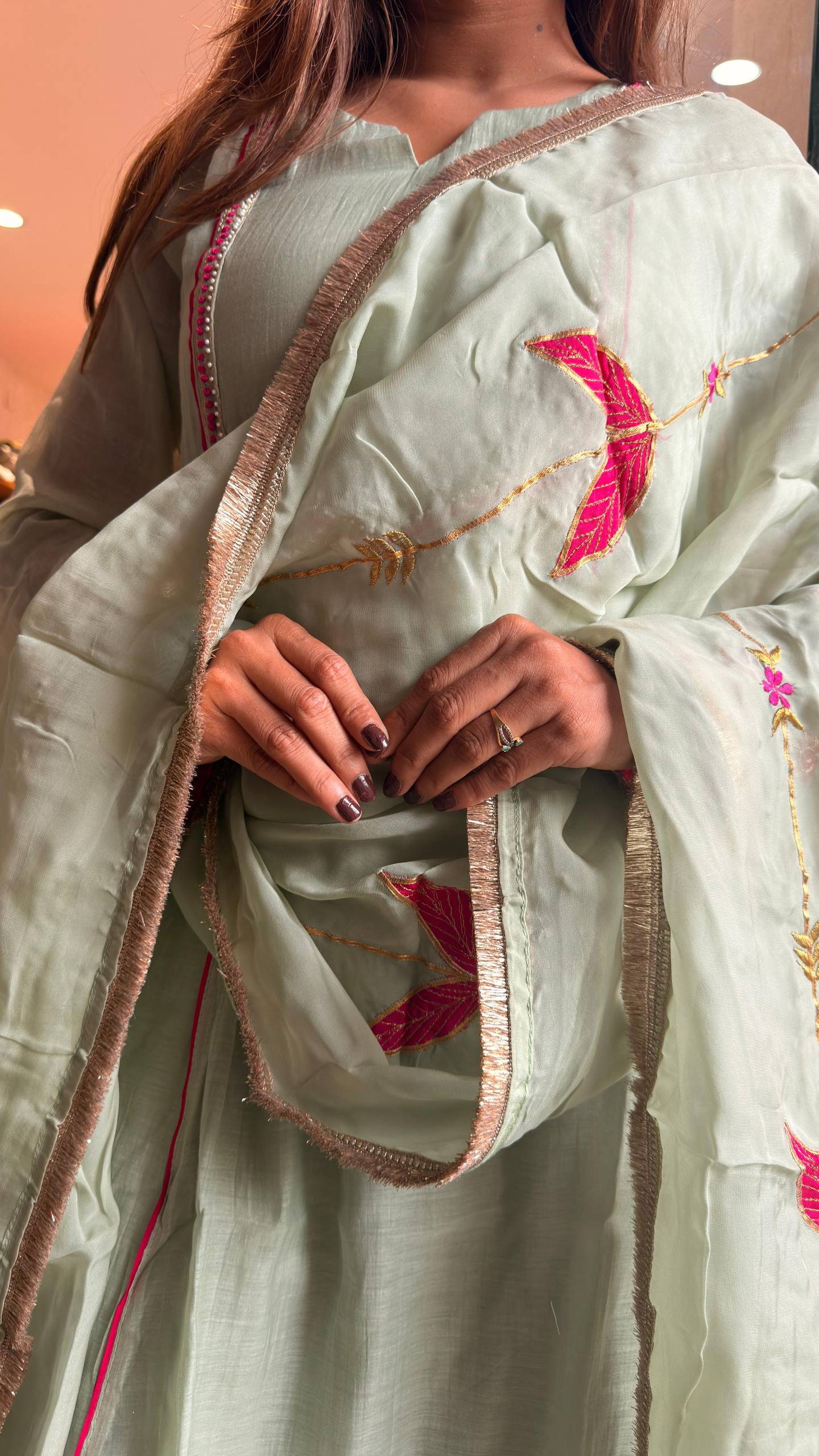 Mint Pista petal motif Embroidered Kurta Set with Dupatta