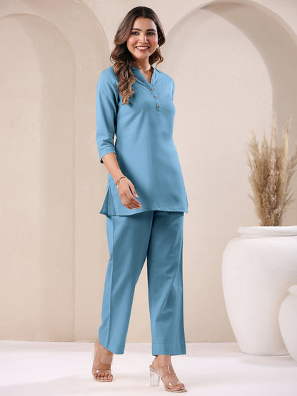 Light Blue Cotton Solid A-line & Co-ord Set