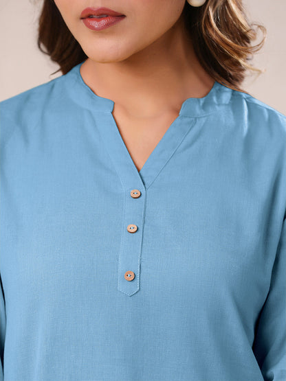 Light Blue Cotton Solid A-line & Co-ord Set