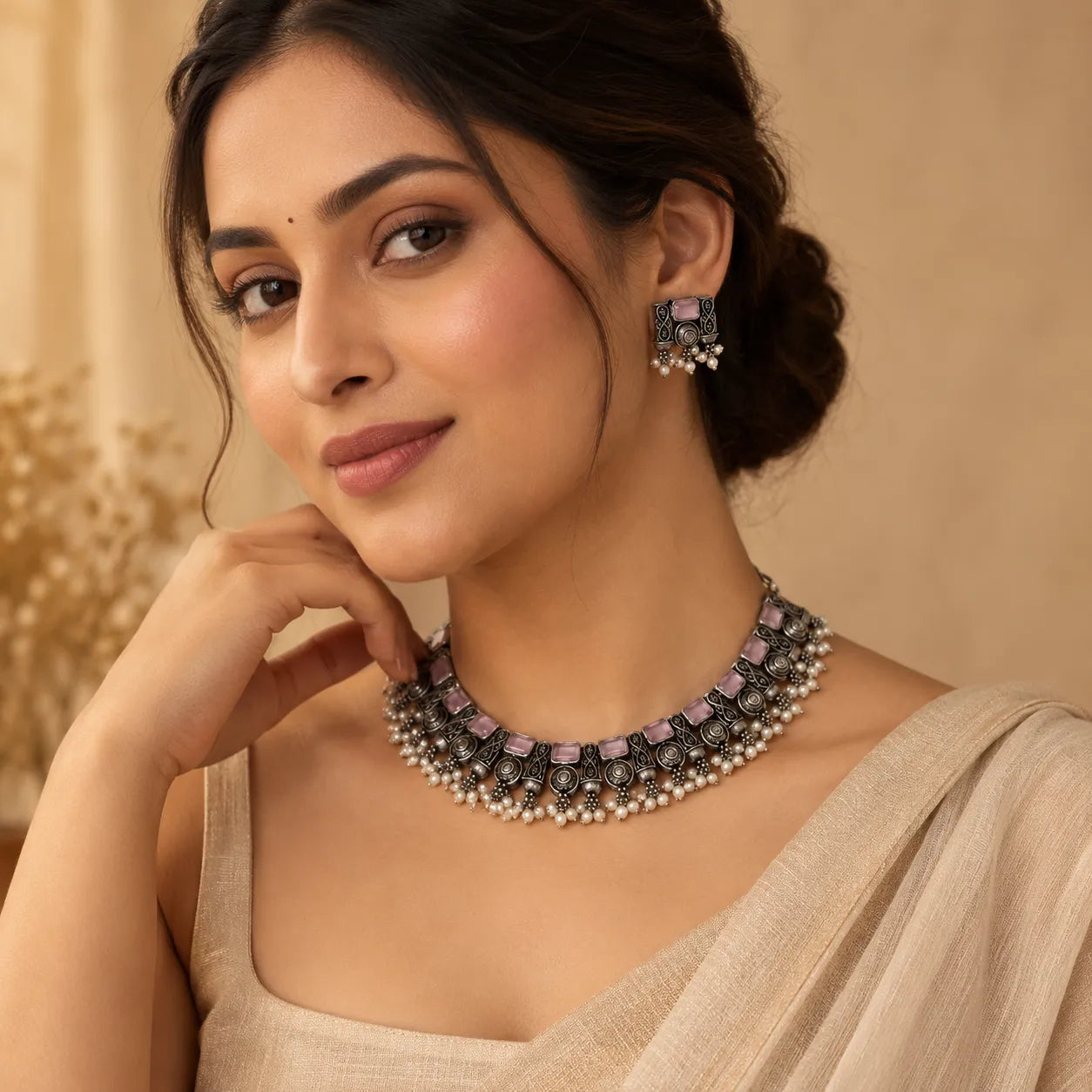 Rajwada Pink Stone Choker Set