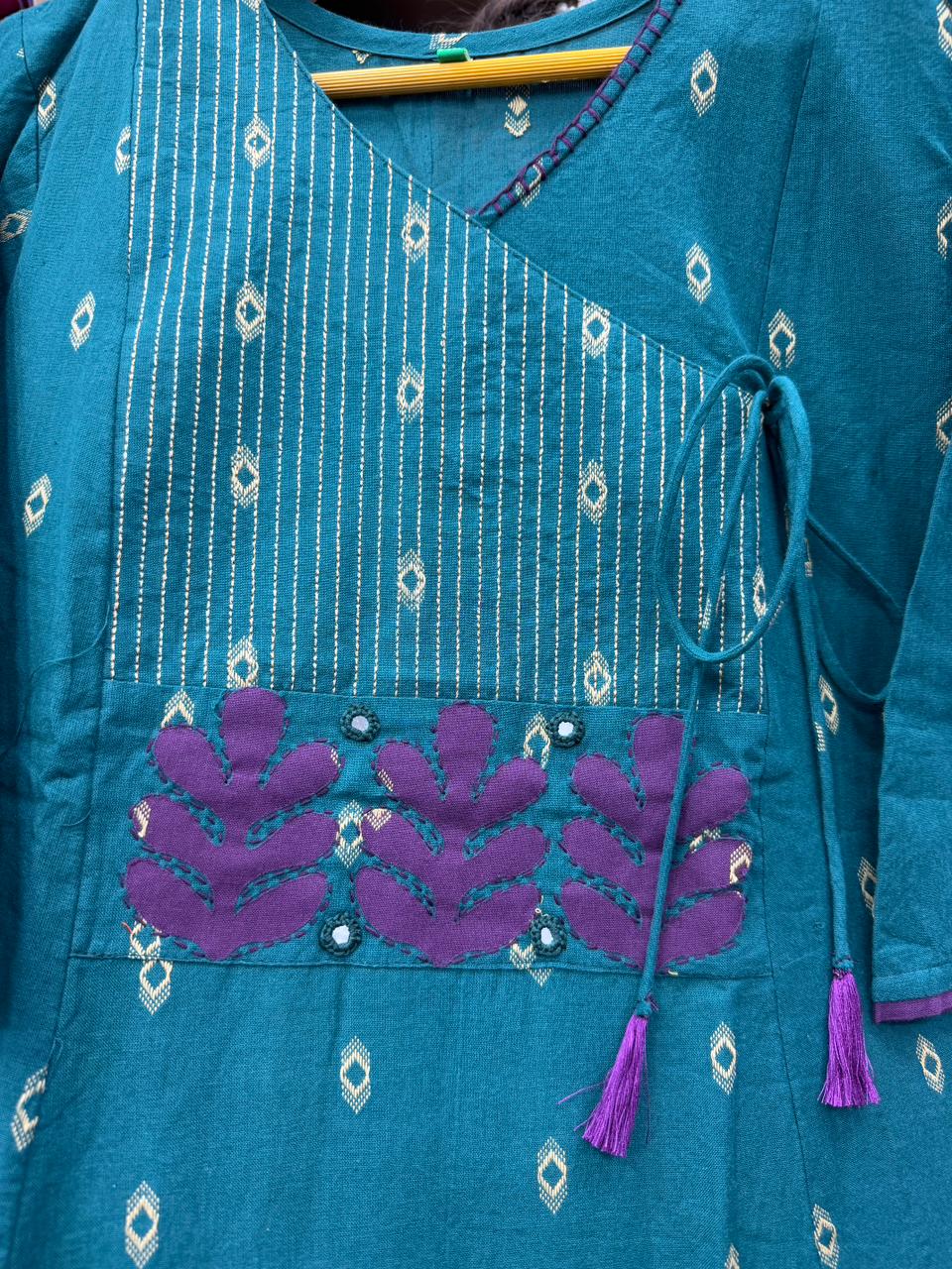 Teal Sea Green Angarkha Style A-Line Kurti Plazo Set