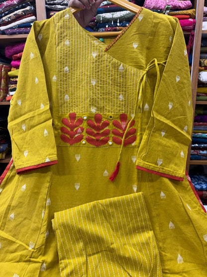 Mustard Yellow Angarkha A-Line Kurti Plazo Set