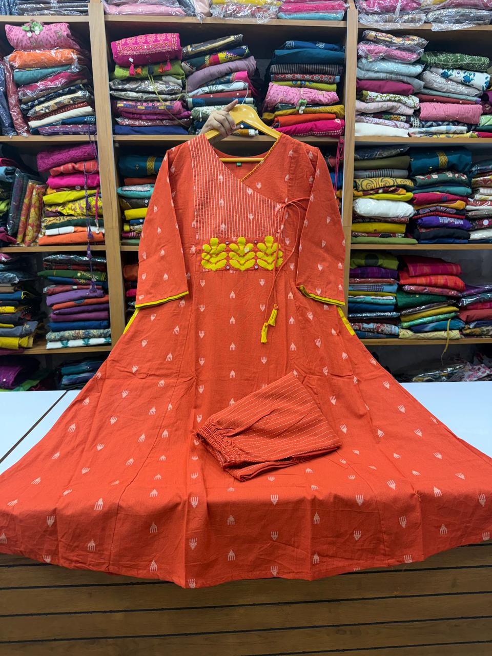 Rust Orange Angarkha A-Line Kurti Plazo Set