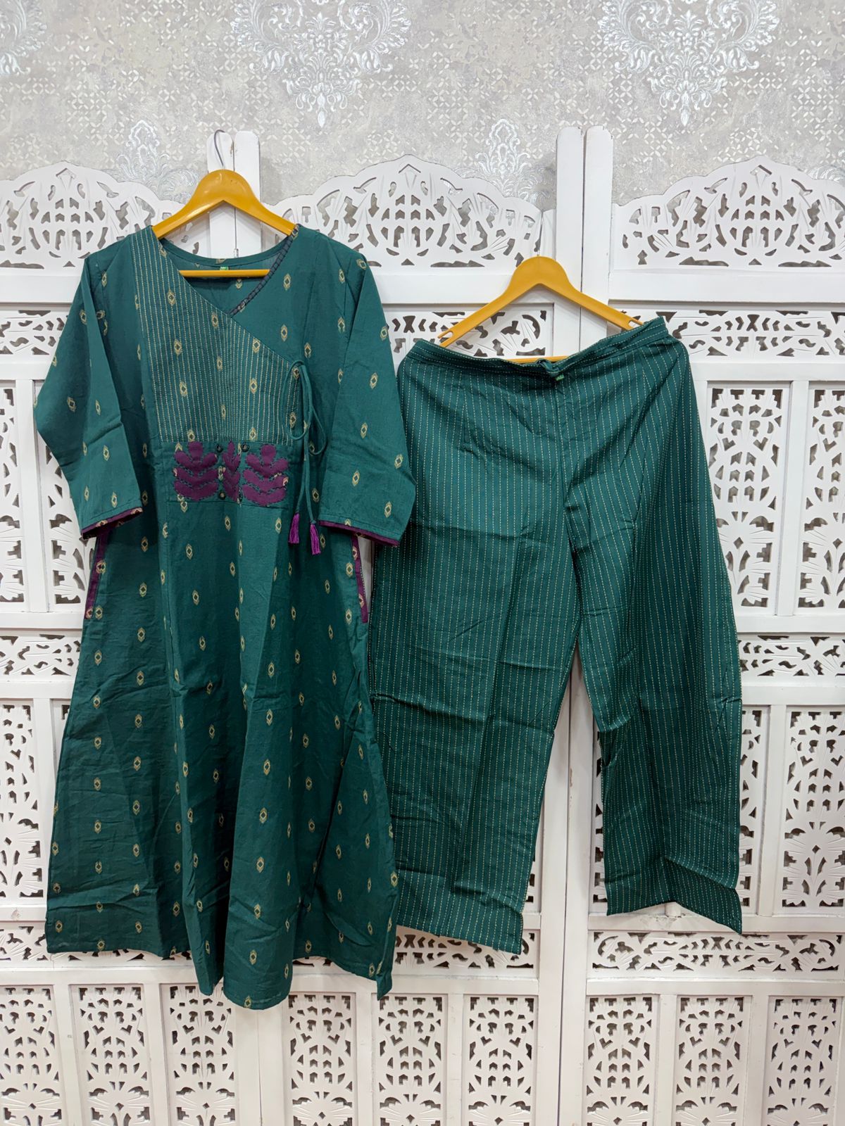Teal Green Angarkha A-Line Kurti Plazo Set