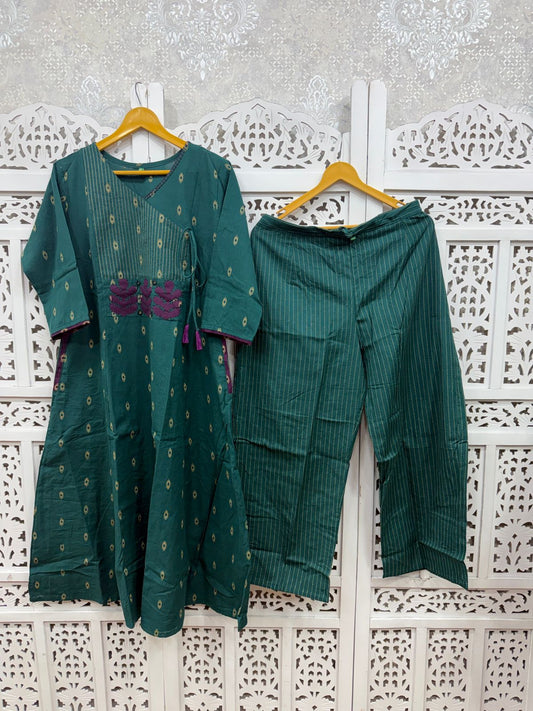 Teal Green Angarkha A-Line Kurti Plazo Set