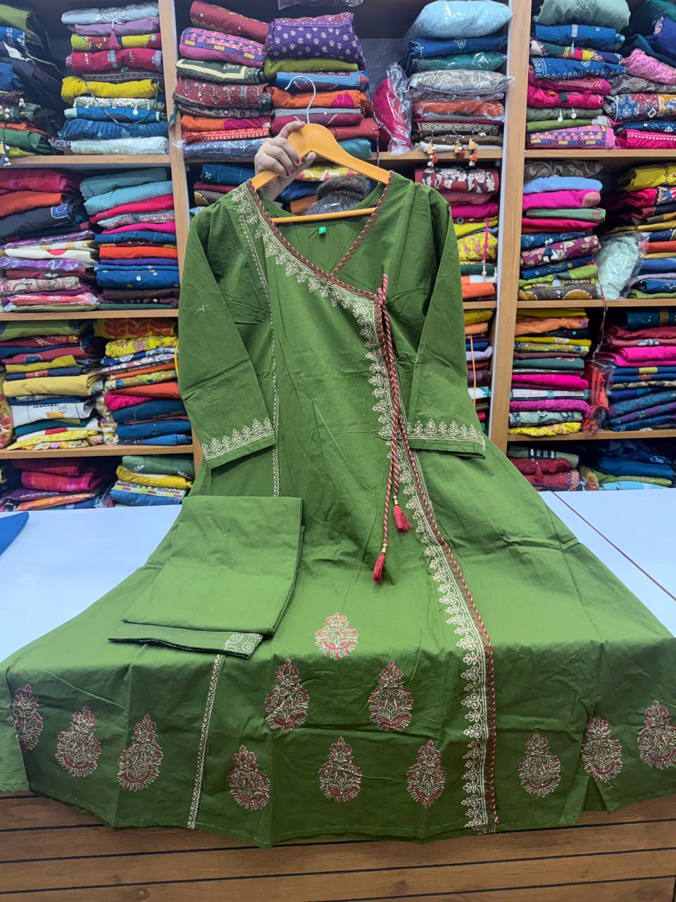 Olive Green Angarkha Style Kurti Plazo Set with Dupatta