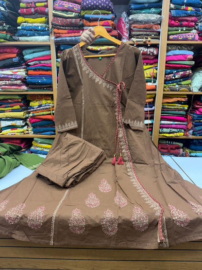 Mocha Brown Angarkha Style Kurti Plazo Set with Dupatta