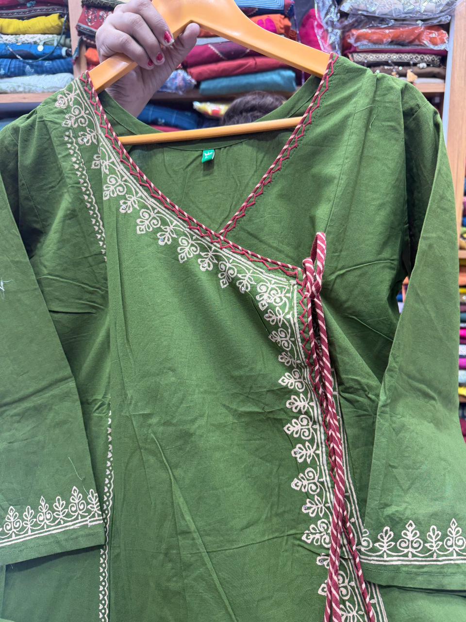 Olive Green Angarkha Style Kurti Plazo Set with Dupatta