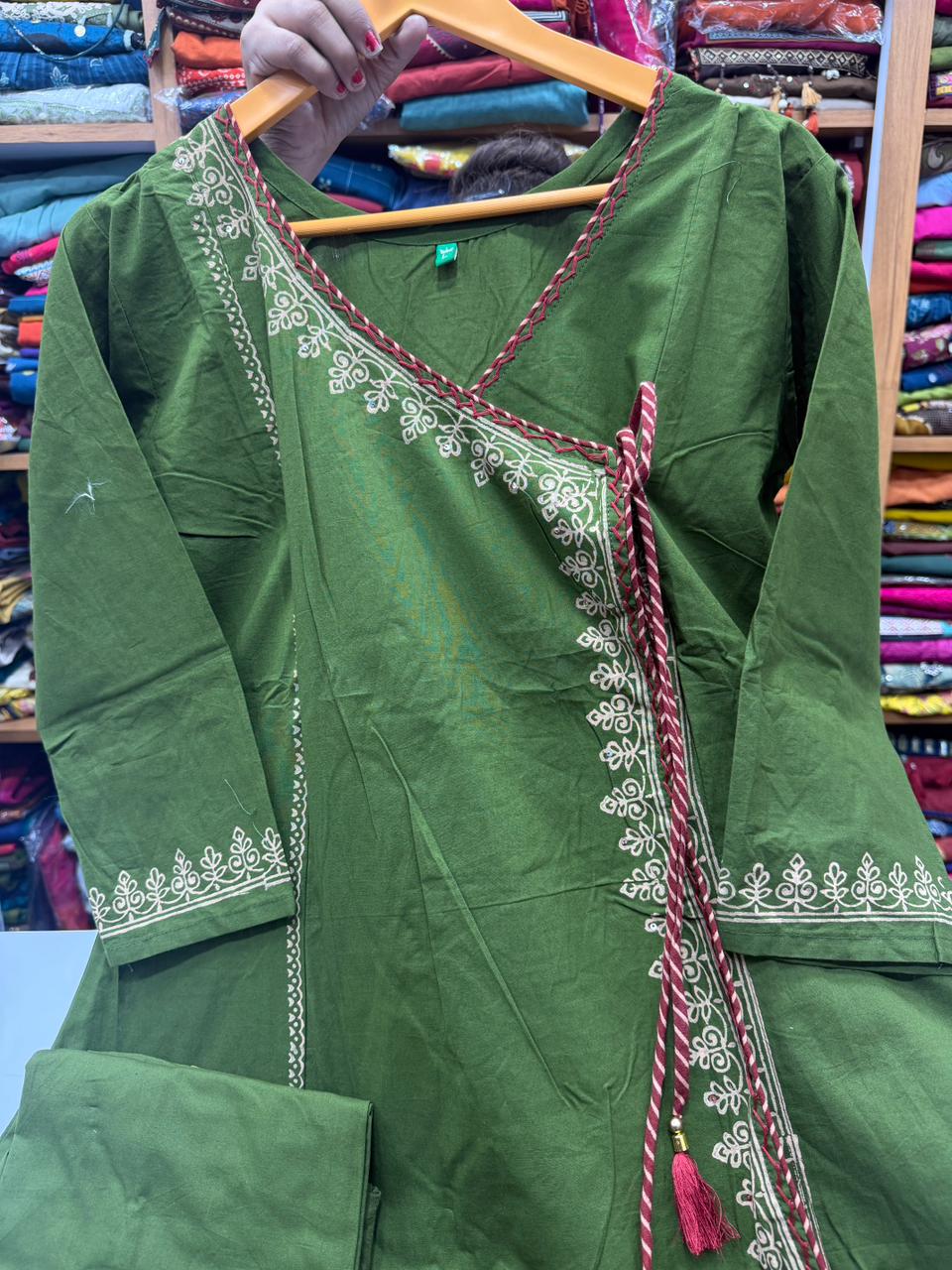 Olive Green Angarkha Style Kurti Plazo Set with Dupatta
