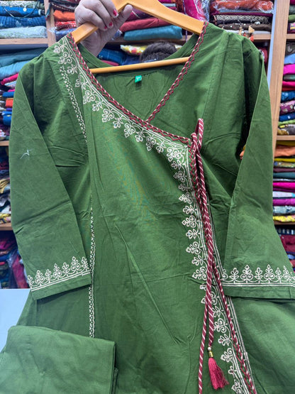 Olive Green Angarkha Style Kurti Plazo Set with Dupatta
