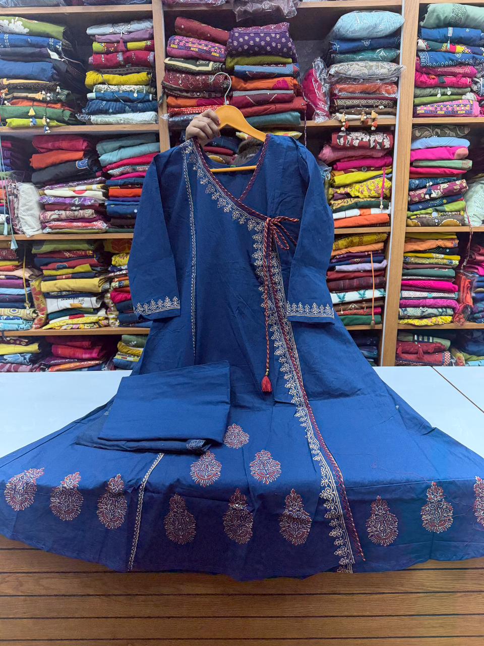 Navy Blue Angarkha Style Kurti Plazo Set with Dupatta