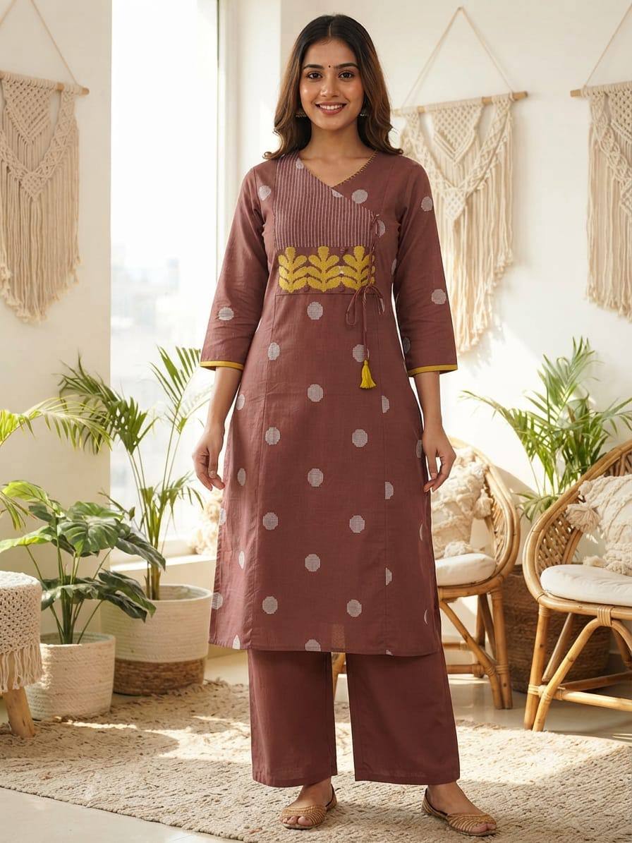 Mocha Brown Angarkha Style A-Line Kurti Plazo Set 🤎