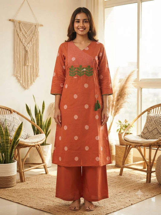Rust Orange Angarkha Style A-Line Kurti Plazo Set 🧡