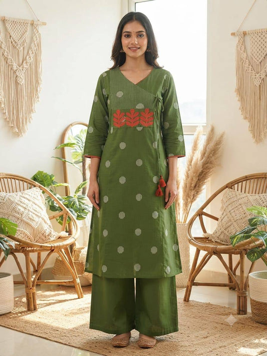Olive Green Angarkha Style A-Line Kurti Plazo Set 💚